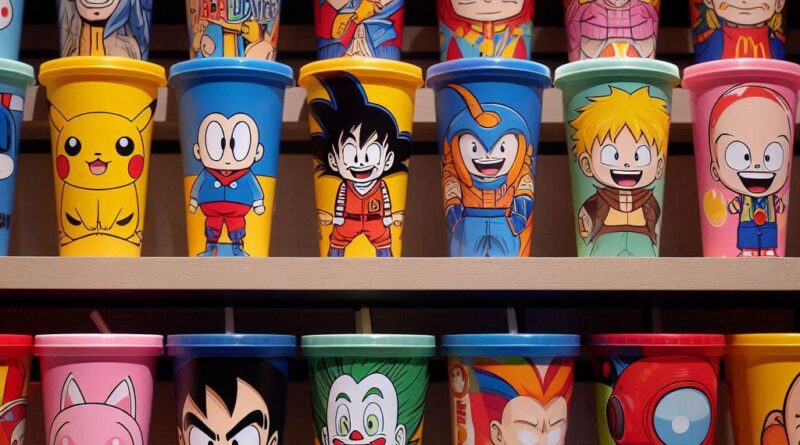 A set of 2024 McDonald's collectible cups featuring unique designs